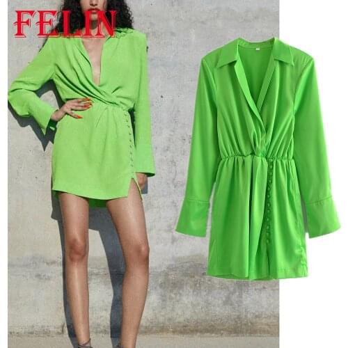 Za 2021 Women Sexy Party Chic Green Sheath V Neck Mini Dress Long Sleeve Elegant Side Split Streetwear Dress Vintage Vestidos