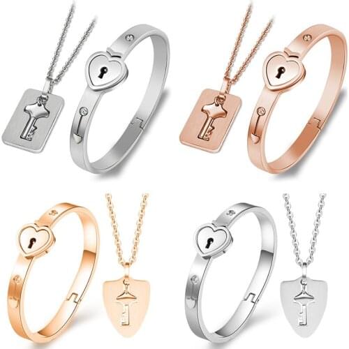 Lock Key Titanium Steel Stainless Steel Jewelry Bracelet Necklace Couple Sets