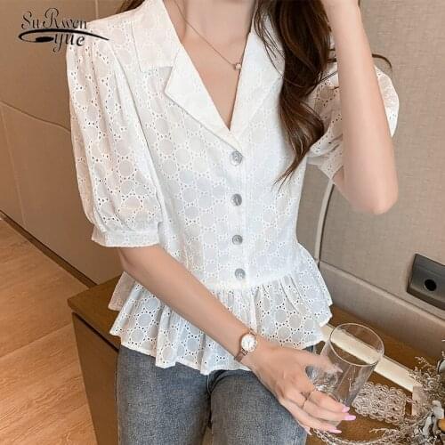 2021 Hollow Out V-neck Short Sleeve Women White Blouse Summer Ruffle Tops Summer Solid Cotton Blouse Blusas Mujer De Moda 9554