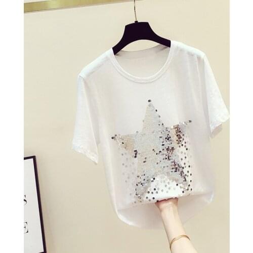 Cotton 100% Sequined Women T-Shirts Summer New 2021 O-Neck Short-Sleeved Fashion Design Elegant Office Lady Pulls Tops Tees