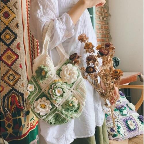 Women Shoulder Bag Handmade Yarn Crochet Exclusive Design Flower Fashion Soft Casual Tote Lady Shopping Handbag
