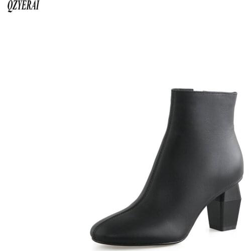 QZYERAI Ankle boots Genuine leather Female boots 7 cm high heels Womens boots Autumn and winter cowhide Womens shoes