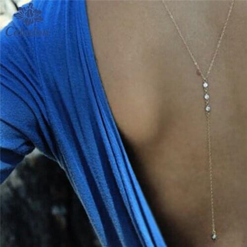 Women Long Necklace Body Sexy Chain Bare Back Gold crystal Rhinestone Pendant chain necklace backdrop beach body jewelry