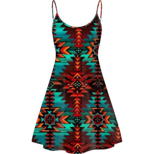 Jackherelook African Tribal Aztec Print Sleeveless Spaghetti Strap Dress Southwest Turquoise Design Casual Holiday Beach Dresses