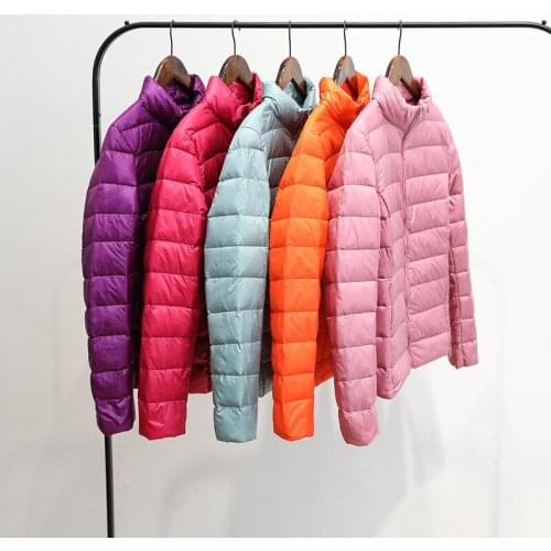 Womens Down Coat Stand Collar Light And Thin Korean Style Hooded Keep Warm Jacket Overcoat