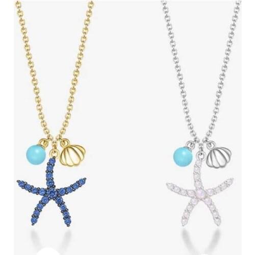 SLJELY Real 925 Sterling Silver Cute Blue Starfish Pendant Necklace with Shell Zircon Stones for Women Summer Fashion Jewelry