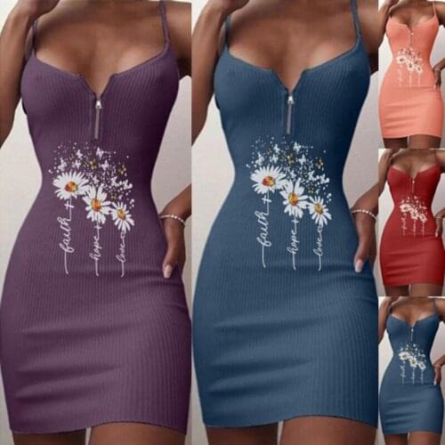 2021 Summer Bodycon Dress Flower Print Knitted Shoulder Strap Sleeveless Sexy V Neck Mini Dress Womens Dresses