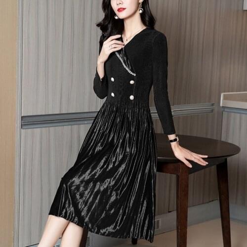 Likyims 2021 Early Sping Solid Women V Neck Long Sleeve Dress Button Decoration Black Velvet Party Dresses Women Evening Long