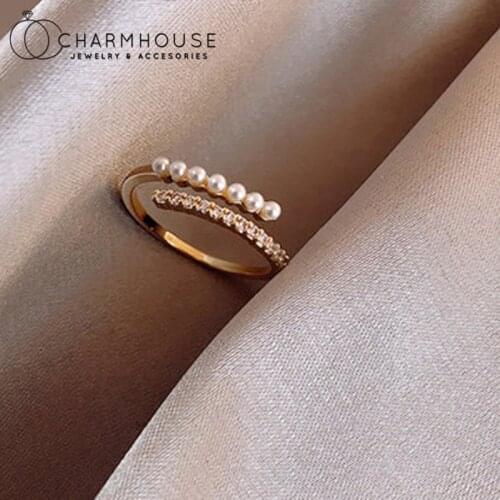 18K Gold Mini Pearl Finger Rings For Women Zirconia Crystal Engagement Ring Anillo Mujer Bague Femme Wedding Jewelry Accesories