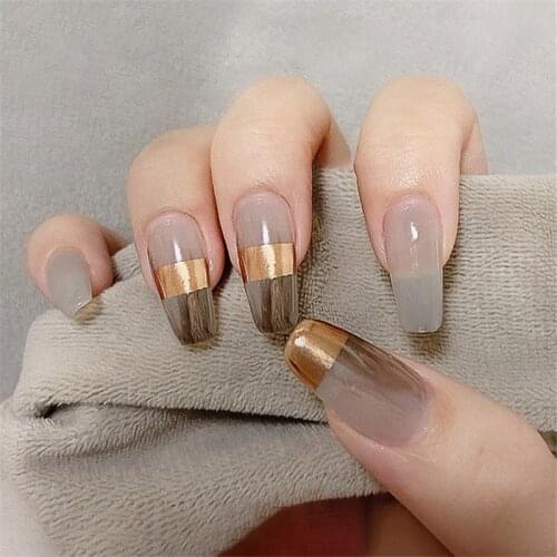 24pcs/box Fake Nails With Glue Mid-length Golden Gray Grid Nail Art Stickers Finished False Nail With Designs Press On squoval T