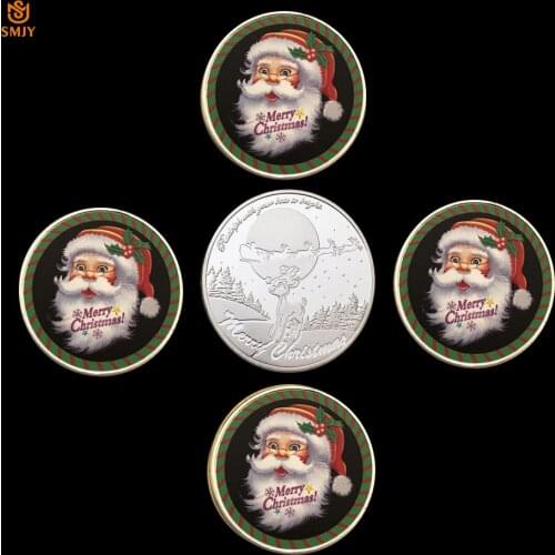 5Pcs/Lot Color Cartoon Silver Plated Commemorative Coin Santa Claus Non-Currency Coins Collection For Merry Christmas Gift