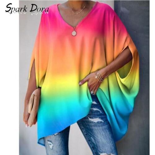 Free Shipping Summer New Tshirt Women Fashion Streetwear V-neck Bat Sleeve Casual Tee Shirt Femme Hit Color Pullover