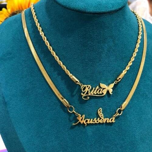 Customized Fashion Rope Chain Stainless Steel Name Necklace Personalized Letter Gold Choker Blade Chain Pendant Nameplate Gift