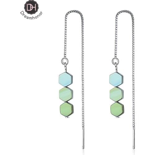 Dreamhonor 925 Sterling Silver Long Ear Line Earrings Simple Green Hexagon Geometric Gradient Earrings Women Jewelry Wholesale