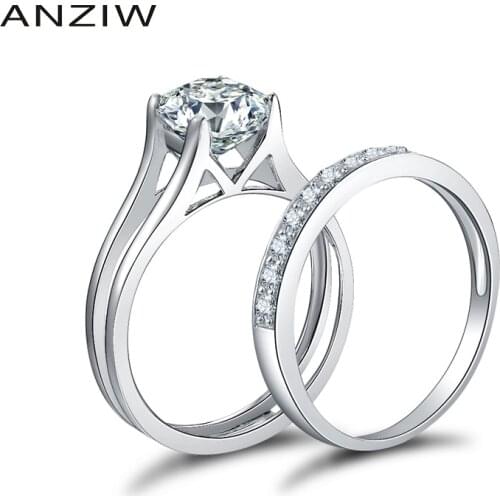 ANZIW 925 Sterling Silver 4 Prongs Engagement Bridal Ring Sets Sona Round Cut Wedding Anniversary Silver Bridal Ring Sets Gifts
