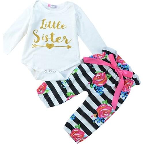 Infant Baby Clothes Suits White T-shirt Little Sister Tops Striped Bow Print Pants 2pcs Bebe Outfit Kids Clothing Sets
