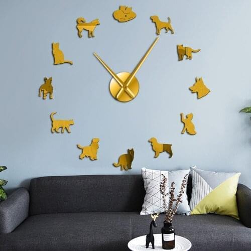 Cute Dog and Cat DIY Giant Wall Clock Home Decor Wall Mute Clock Veterinary Frameless Large Wall Watch Animal Lovers Vet Gifts