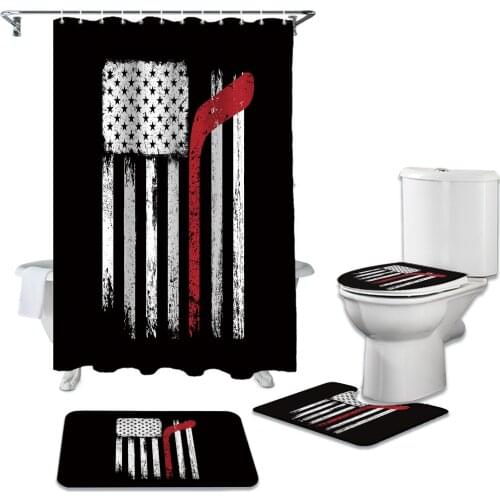 Sport Hockey Flag Shower Curtains Set Bath Mat Set Toilet Cover Bathroom Accessories Bathroom Rug Set