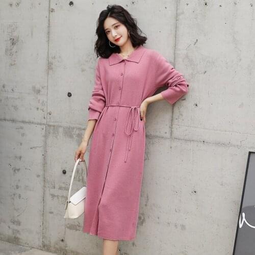Single-breasted Women Solid Sweater Dress Turn Down Collar Long Sleeve Lace up Slim Knitted Cardigan Korean Style