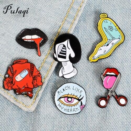 Pill Eyeliner Tongue Lips Enamel Pins Twisted Clock Girl Brooches Denim Shirt Lapel Custom Pin Bag Cool Jewelry Gift for Friends