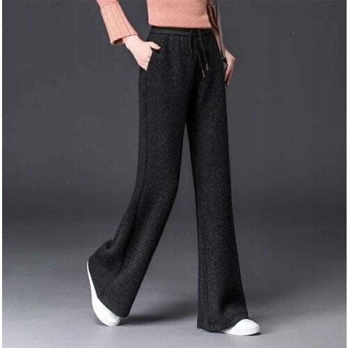 Fall Spring Casual Womens Female Elastic High Waisted Wide Leg Knitted Pants ,2018 Fashion Female Woman Loose Pockets Trousers