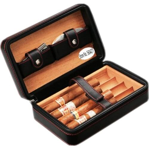 Luxury Portable Leather Humidor Cabinet Storage cigar Box (hold 4pcs) With 1 pcs Cigar Cutter (no lighter)