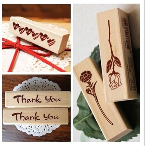1pc Vintage Strip Wooden Rubber Stamp Thank You Heart Rose Kids DIY Handmade Scrapbook Photo Album Students Stamp Crafts Gifts