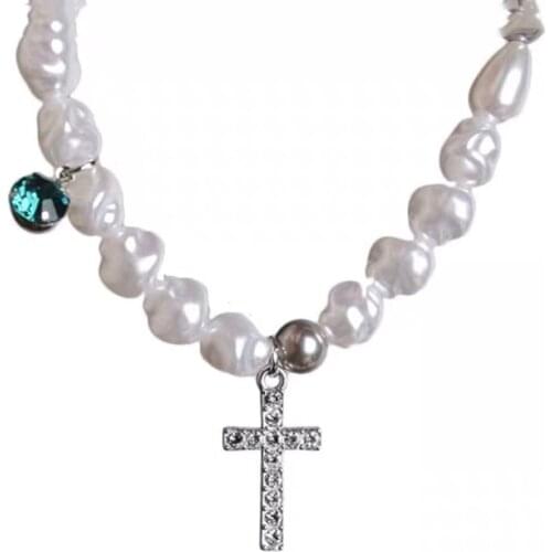 Rhinestone Cross Charm Pendants Fashion Necklace Simulated Irregular Pearls Crystals Simply Necklace for Women Jewelry