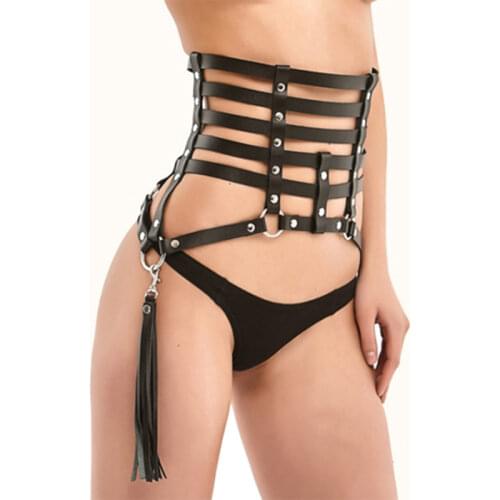 UYEE 100% Handmade Sexy Harness Caged Weave Round With Tassels Leather Harness Body Bondage Skirts Chain Dress Bdsm Women LP-026