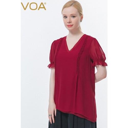VOA Silk Georgette Wine Red V-neck Lantern Sleeve Wood Ear Fold Double Asymmetric Hem Chiffon Summer Solid Loose T-shirt BE673