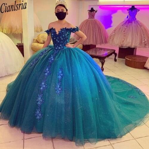 2021 Green Quinceanera Dresses Off The Shoulder Lace Appliqued Flower Sweet 16 Dress Pageant Gowns vestidos de 15 años