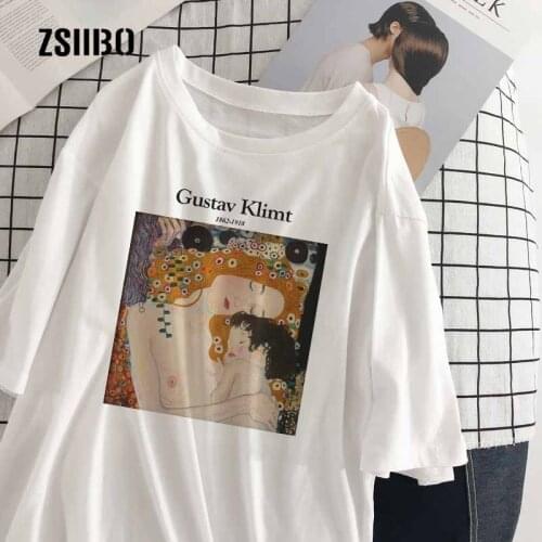 Gustav Klimt summer new letter print fun Vintage tops tees casual O-neck large size new art oil paint loose chic female T-shirt