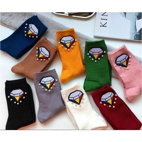 Gtglad New Arrived Korean Style Fashion women Socks Women Spring Winter Diamond embroidery beaded Candy Color Hand-made Socks