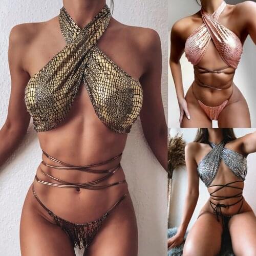 Womens Shiny golden Bikini Set Swimwear 2020 Sexy Snake Swimsuit Push Up Bathing Suit Women Biquini Beachwear Sexy Bikinis