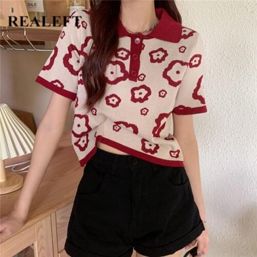 REALEFT Summer 2021 New Womens Pullover Knitting Printing Button Short Sleeve Shirts Classic Female Sweater Loose Chic Tops
