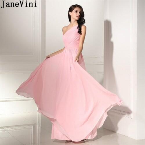 JaneVini New Pink One Shoulder Ladies Bridesmaid Dresses Long Chiffon Pleat Formal Occasion Gown 2018 Floor Length Prom Dresses