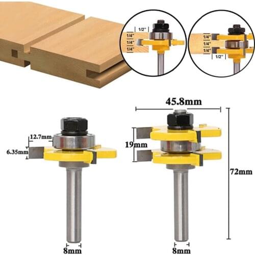 2pcs 8mm Shank 3 Teeth T-shaped Tongue Groove Joint Assembly Router Bit Set Wood Milling Cutter