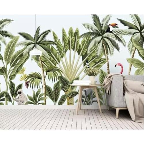 Beibehang Custom 3d Nordic Rainforest Banana Leaf Flamingo Forest Monkey Mural Wallpaper Living Room Background Wall Painting
