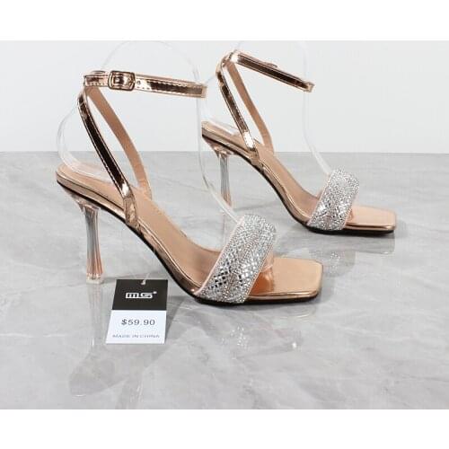 Womens Sandals Net Red Fashion 2021 Summer New Glass Chain Ankle Strap High Heel Sandals Sexy Stiletto Party Womens Shoes 9CM