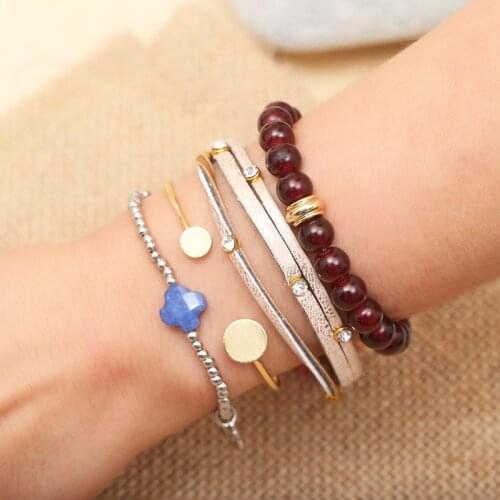 Free Shipping Bohemian Clover Colored Stone Charm Beads Bracelets Stainless Steel bracelets & bangles For Women Gifts