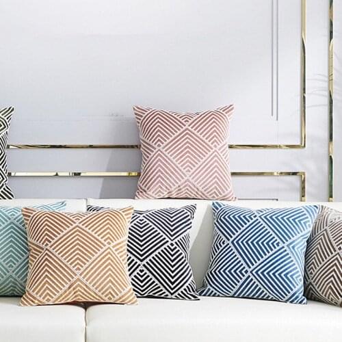 Drop Ship Velvet Embroidery Pillow Cover Blue Grey Geometric Cushion Cover Living room Sofa Home Decorative Pillow Case 45x45cm