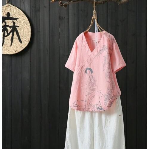 Cotton Linen Chinese Summer Blouses 2020 Summer Shirt Short Sleeve Oriental Cheongsam Tops Traditional Chinese Clothing 10382