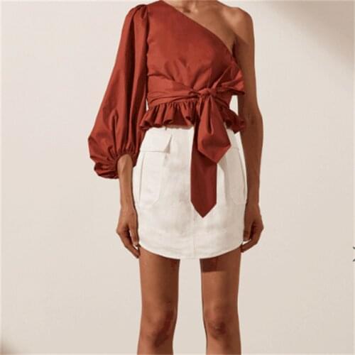 MESTTRAF Women 2021 Fashion New Solid One Shoulder Pleated Ruffles Short Shirt Female Side Zipper Blouse Streetwear