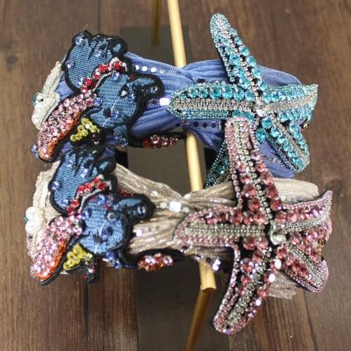 New Fashion Baroque Rhinestones Headband Bohemian Big Full Blue Pink Crystal Starfish Crown Hairband Wedding Party Wide Headwear