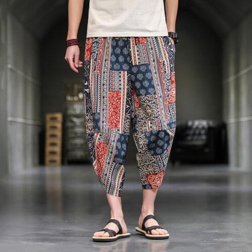 New Men‘s Cotton Linen Harem Pants 2021 Fashion Printing Men Hip Hop Plus Size Casual Loose Japanese Male Wide Leg Pants M-5XL