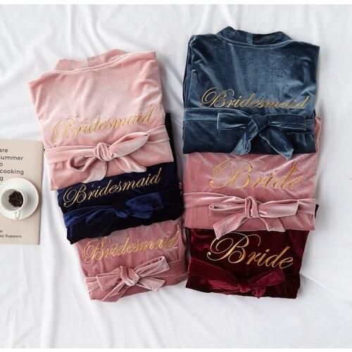 Autumn Warm Velvet Bride Bridesmaid Wedding Robe Nightwear Kimono Gown Casual Nightgown Embroidery Letter Homewear Sleepwear