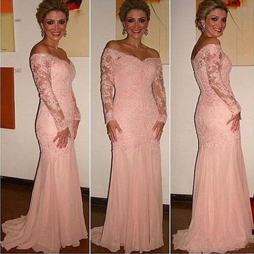 Off-the-shoulder Blush Chiffon Mermaid Formal Evening Dresses Long Sleeves With Beaded Lace Sexy Mother of the Bridal Dress