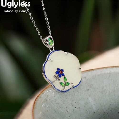 Uglyless Real Solid 925 Sterling Silver Plum Blossom Pendants for Women Ethnic Enamel Floral Necklaces NO Chains Jade Fine Jewel