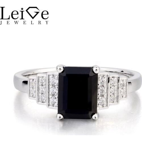 Leige Jewelry Emerald Cut Black Gemstone Natural Black Spinel Ring Promise Ring Real 925 Sterling Silver Romantic Ring for Women