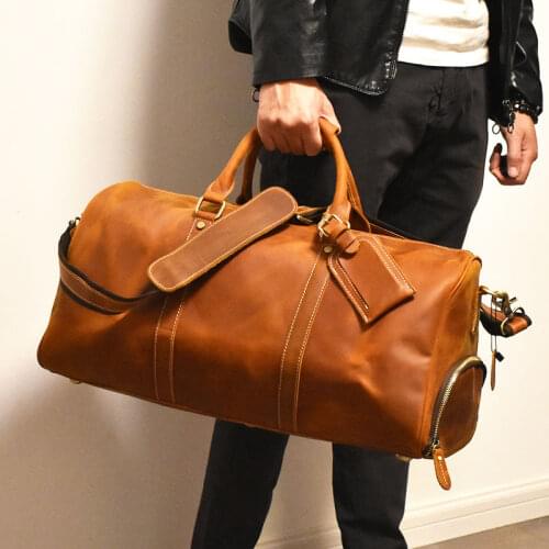 Vintage Brown Natural Crazy Horse Leather Mens Travel Bags Perfect Quality Genuine Leather Travel Totes With Shoe Case